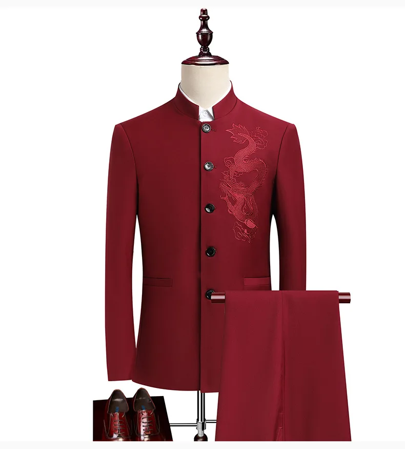 Chinese-style Men's Two-piece Set, Chinese Dragon Embroidery Pattern Stand-up Collar Long-sleeved Jacket Paired with Trousers.