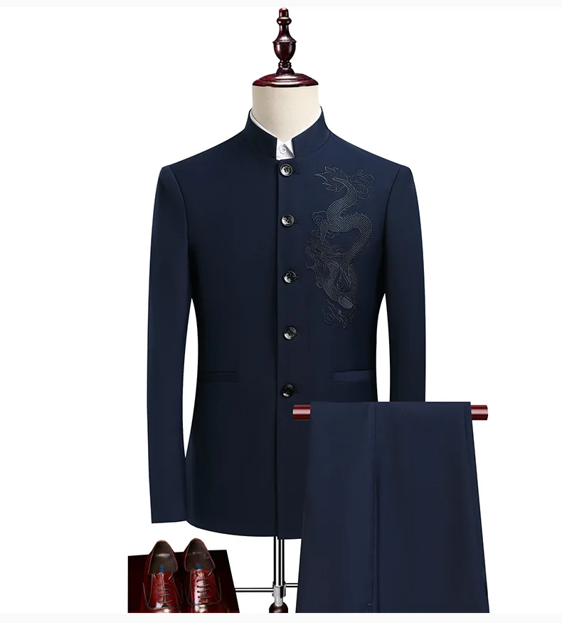 Chinese-style Men's Two-piece Set, Chinese Dragon Embroidery Pattern Stand-up Collar Long-sleeved Jacket Paired with Trousers.