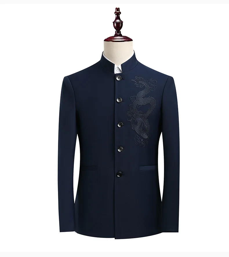 Chinese-style Men's Two-piece Set, Chinese Dragon Embroidery Pattern Stand-up Collar Long-sleeved Jacket Paired with Trousers.