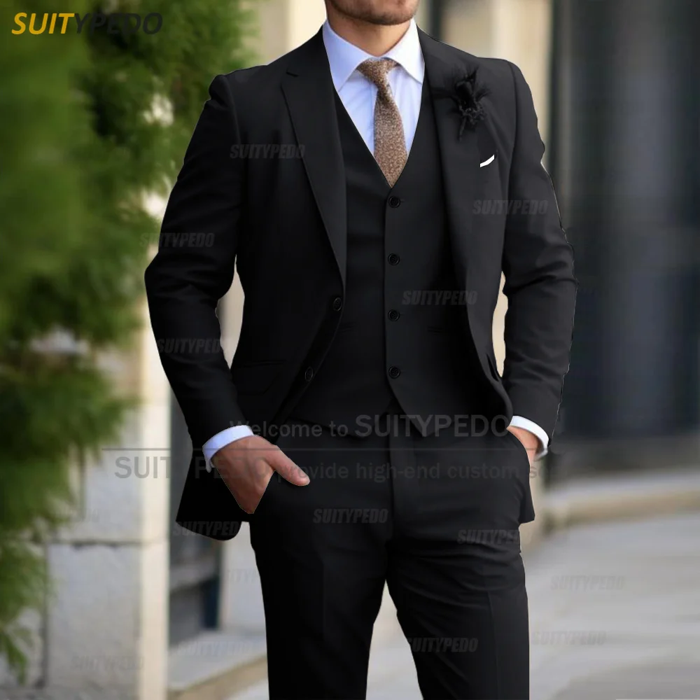 Slim Fit Suit Sets For Men Wedding Banquet Groomsman Elegant Formal Blazer Vest Pants Three Pieces Fashion Male Classic Outfits