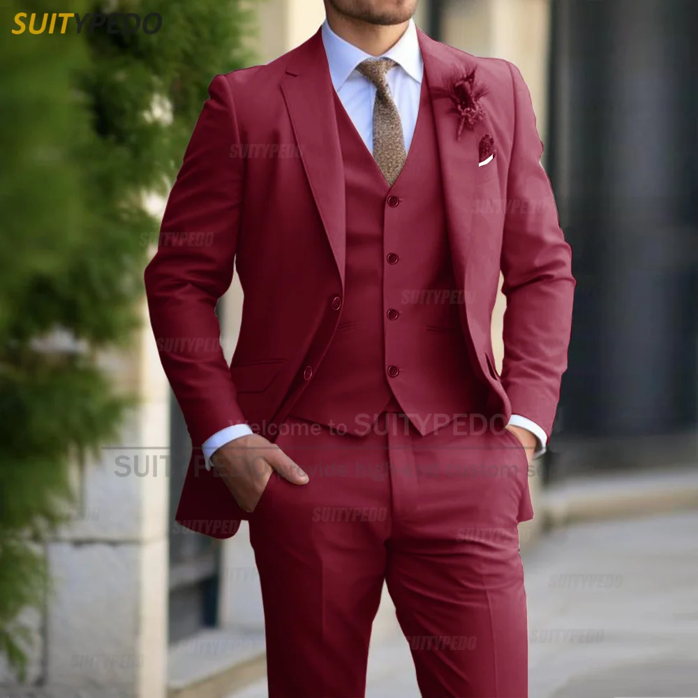 Slim Fit Suit Sets For Men Wedding Banquet Groomsman Elegant Formal Blazer Vest Pants Three Pieces Fashion Male Classic Outfits