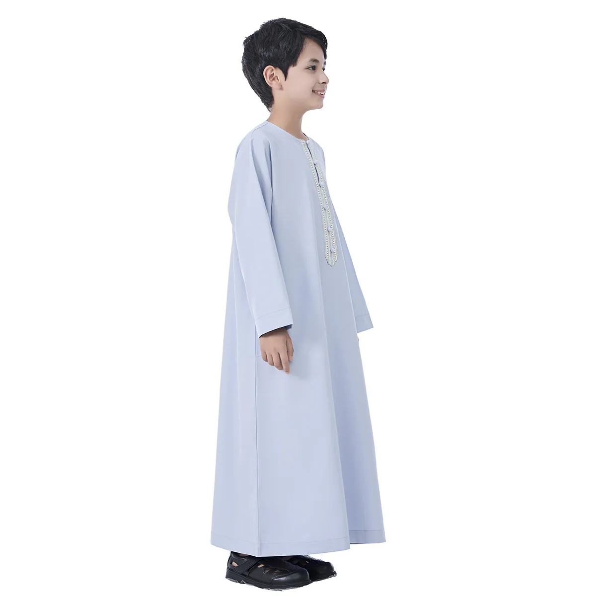 2025 Muslim Kids Boys Jubba Thobe Solid Button Abaya Arabic Islamic Middle Eastern Teen Long Sleeve Robe Ramadan Daffah Clothing