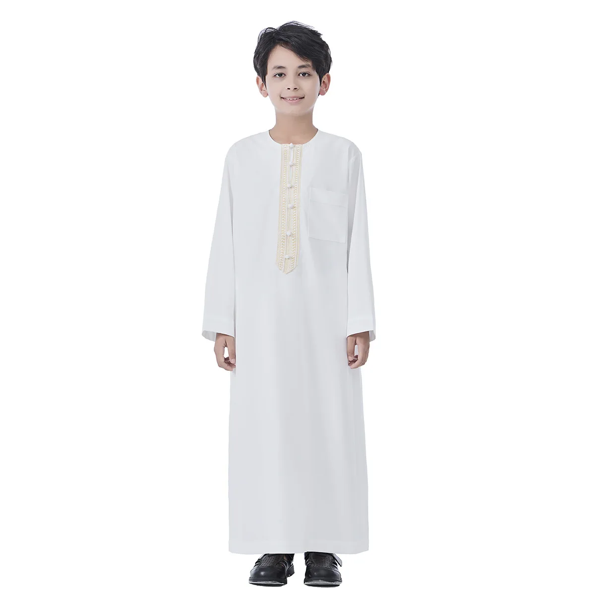 2025 Muslim Kids Boys Jubba Thobe Solid Button Abaya Arabic Islamic Middle Eastern Teen Long Sleeve Robe Ramadan Daffah Clothing