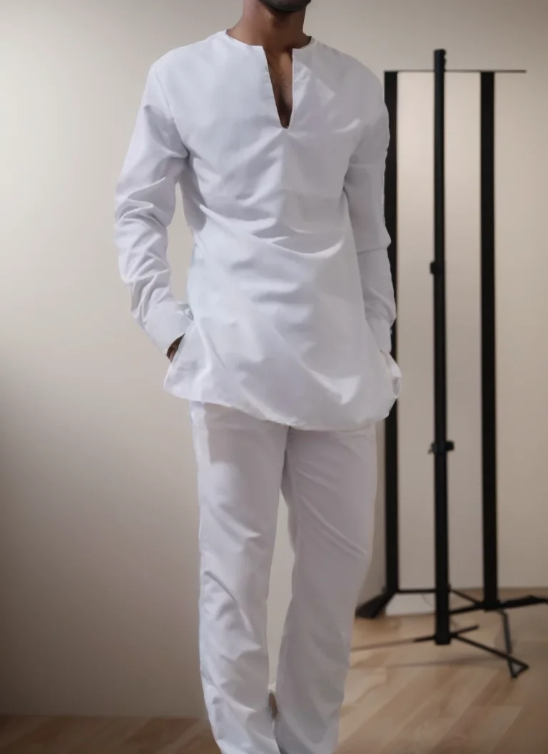Fashion V-neck Shirts With Trousers Solid White/Black Pant Sets Senator Style Male Groom Suits Party Wear African Couture