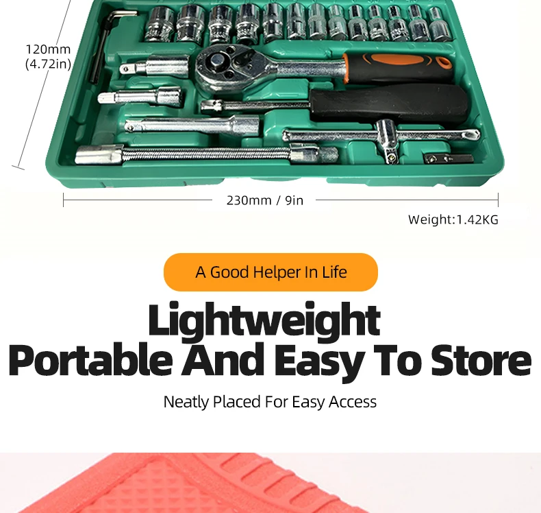 46 Pcs Car Hardware Repair Tools 1/4 Inch Ratchet Socket Hardware Torque Wrench Combo Car Repair Machinery Set