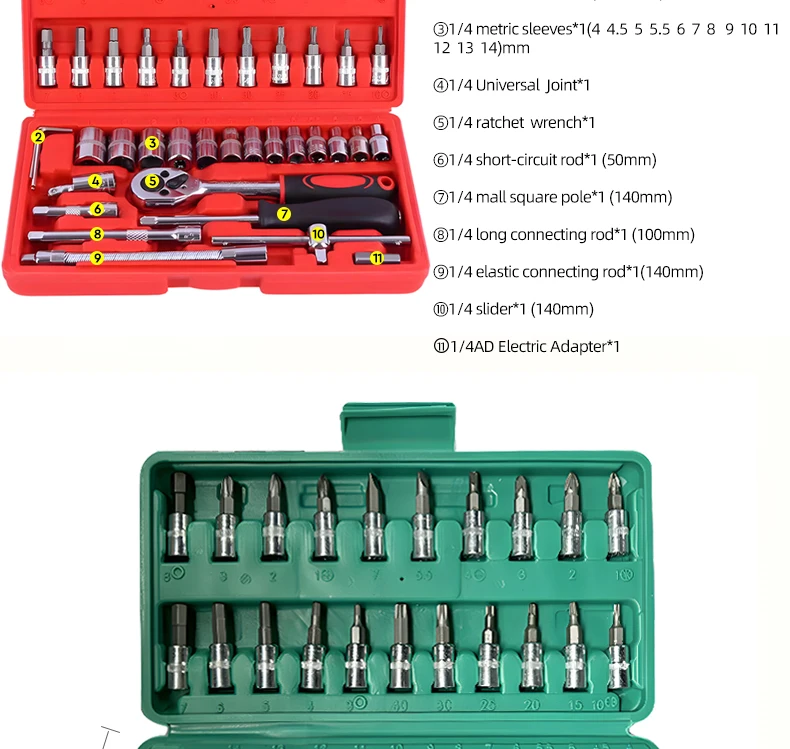 46 Pcs Car Hardware Repair Tools 1/4 Inch Ratchet Socket Hardware Torque Wrench Combo Car Repair Machinery Set