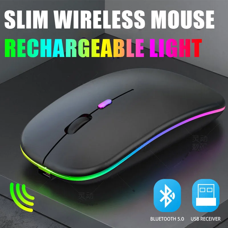 Bluetoooth 5.0 Wireless Mouse With USB Rechargeable RGB Light For Laptop Computer PC Macbook Gaming Mouse 2.4GHz 1600DPI