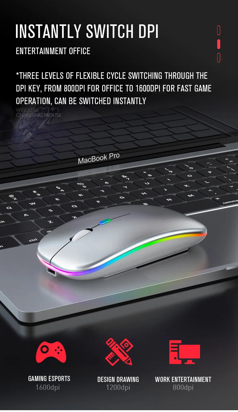 Bluetoooth 5.0 Wireless Mouse With USB Rechargeable RGB Light For Laptop Computer PC Macbook Gaming Mouse 2.4GHz 1600DPI