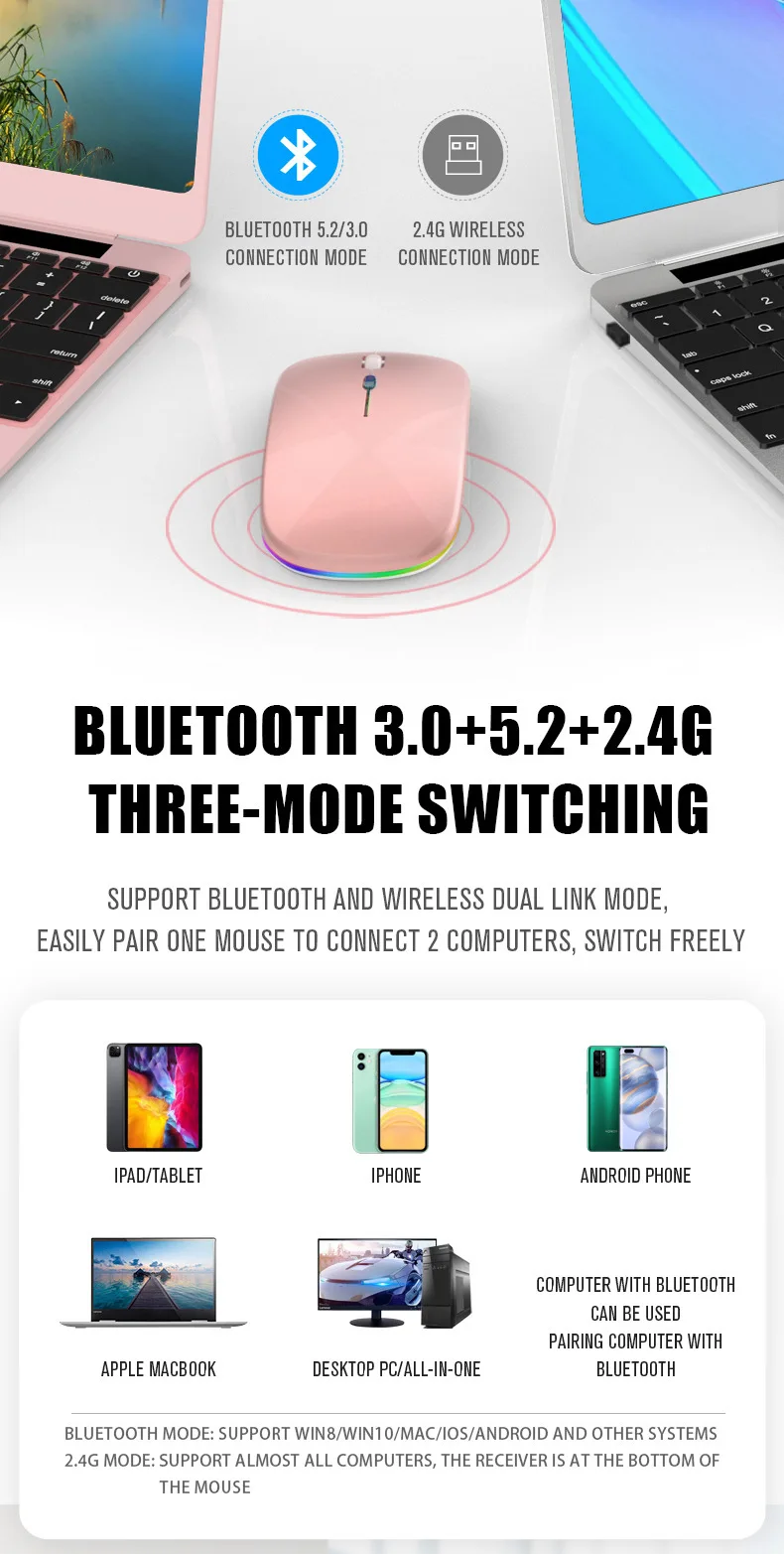 Bluetoooth 5.0 Wireless Mouse With USB Rechargeable RGB Light For Laptop Computer PC Macbook Gaming Mouse 2.4GHz 1600DPI