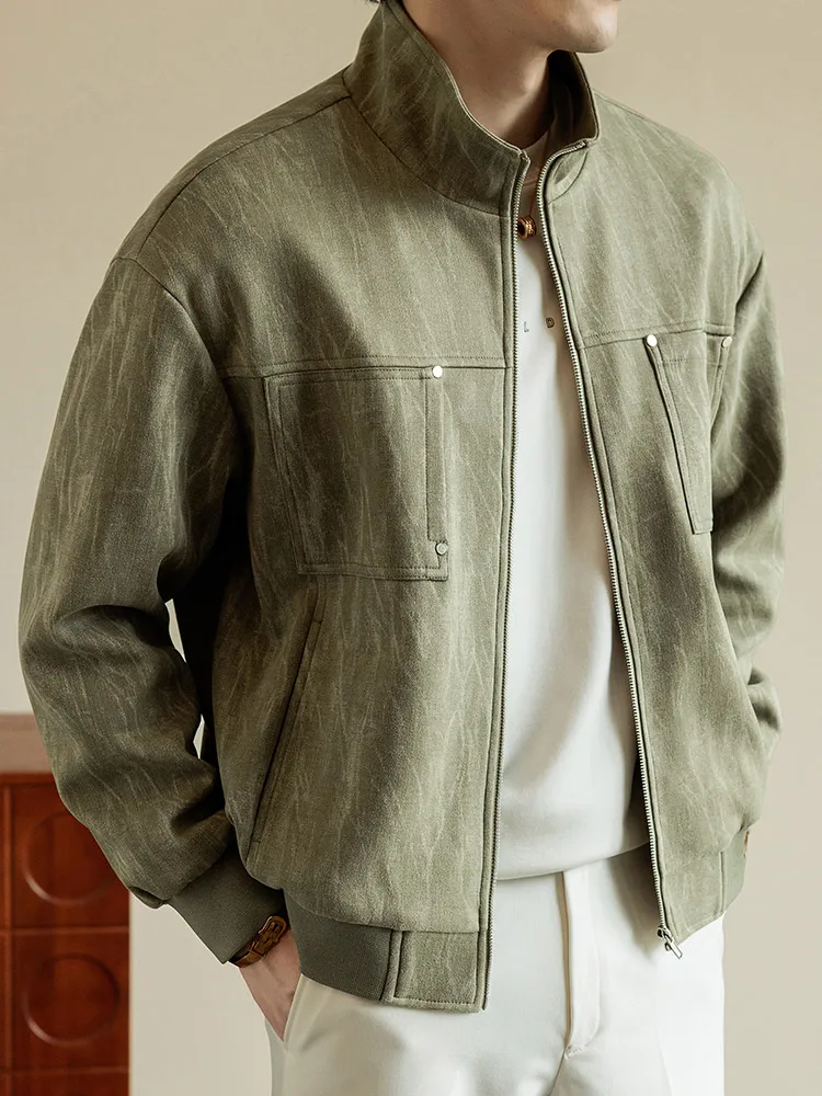 2025 Autumn New Men's Casual Jacket Korean Fashion 100% Polyester Stand Collar Zip-Up Daily Commute Loose Fit Coat Plus Size 8XL