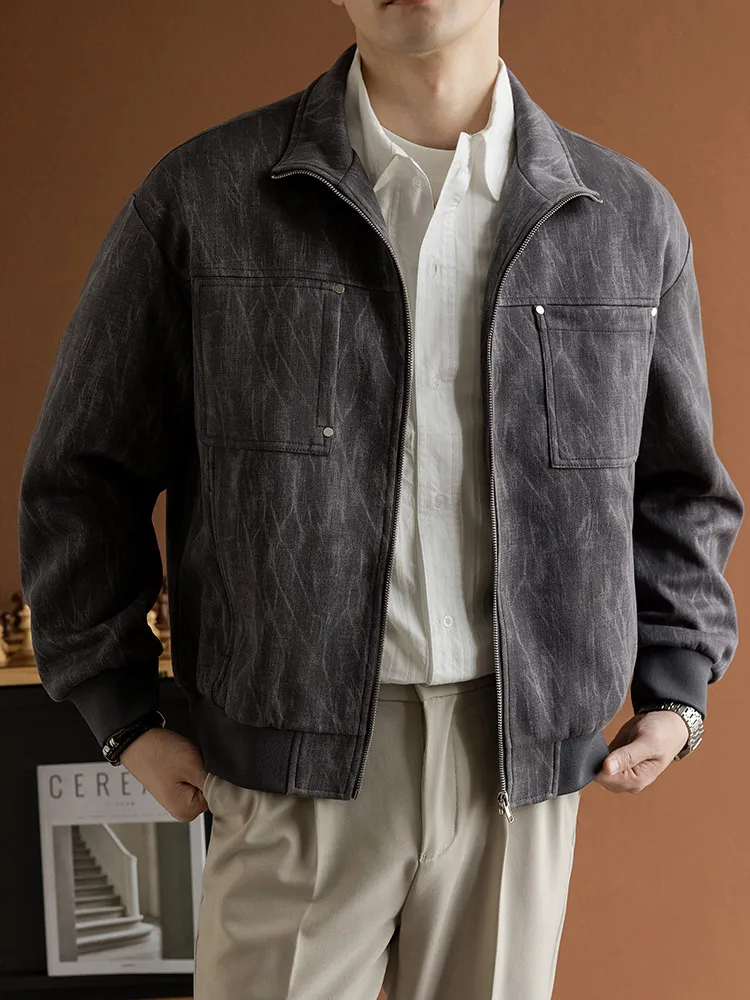 2025 Autumn New Men's Casual Jacket Korean Fashion 100% Polyester Stand Collar Zip-Up Daily Commute Loose Fit Coat Plus Size 8XL