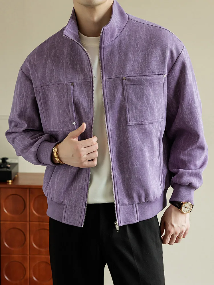 2025 Autumn New Men's Casual Jacket Korean Fashion 100% Polyester Stand Collar Zip-Up Daily Commute Loose Fit Coat Plus Size 8XL