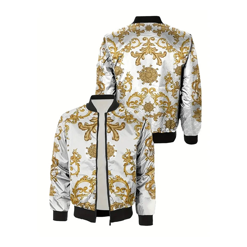 Luxury Baroque Bomber Jacket Men Women 3D Printed Gold Graphic Floral Jackets Street Trend Fashion Autumn Zipper Soft Coat