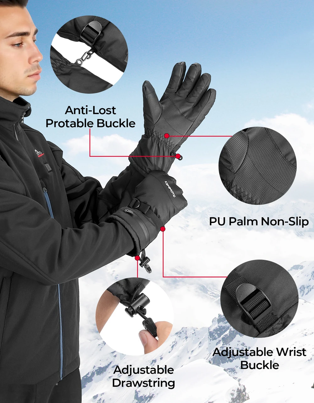 KEMIMOTO Ski Gloves Moto Gloves Winter Snowmobile Scooter Gloves Waterproof Touch Screen Riding Cycling Hunting Fishing