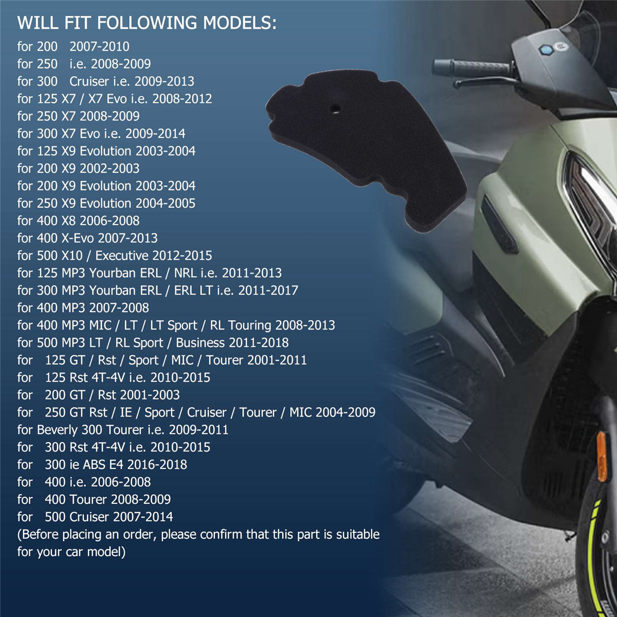 Air Filter Sponge Elements for Piaggio Scooter 125Cc/200Cc/250Cc/300Cc/400Cc/500Cc Beverly MP3 Carnaby X7 X9 X10