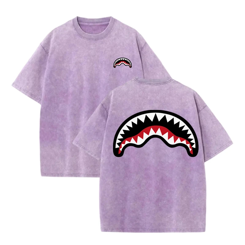 Unisex 100% Cotton Washed Distressed T-shirt Drop Shoulder Style Fashion Streetwear Trend Brand Shark Mouth