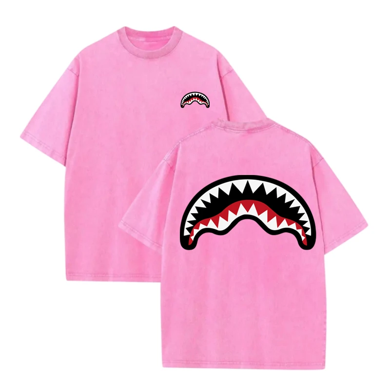 Unisex 100% Cotton Washed Distressed T-shirt Drop Shoulder Style Fashion Streetwear Trend Brand Shark Mouth