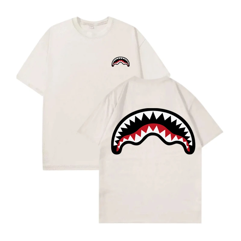 Unisex 100% Cotton Washed Distressed T-shirt Drop Shoulder Style Fashion Streetwear Trend Brand Shark Mouth