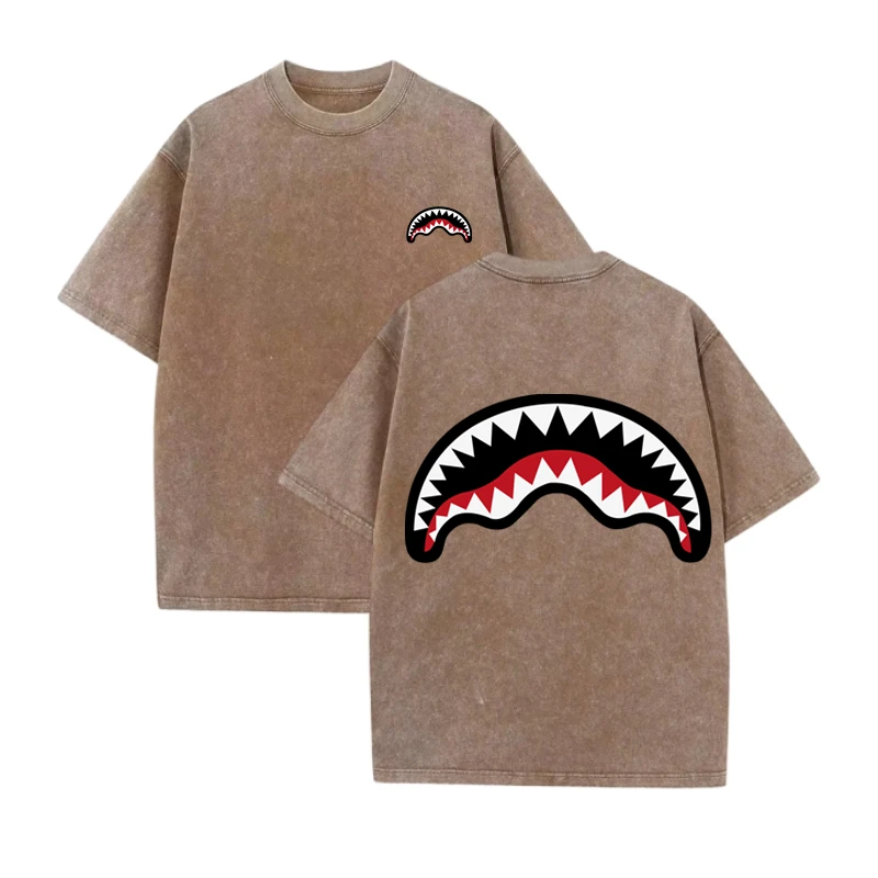 Unisex 100% Cotton Washed Distressed T-shirt Drop Shoulder Style Fashion Streetwear Trend Brand Shark Mouth