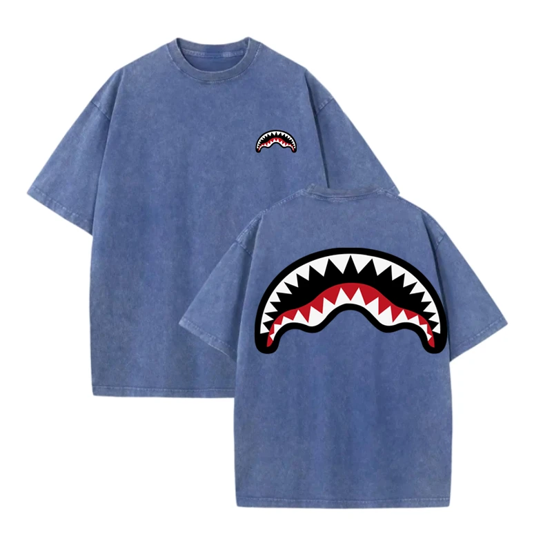 Unisex 100% Cotton Washed Distressed T-shirt Drop Shoulder Style Fashion Streetwear Trend Brand Shark Mouth