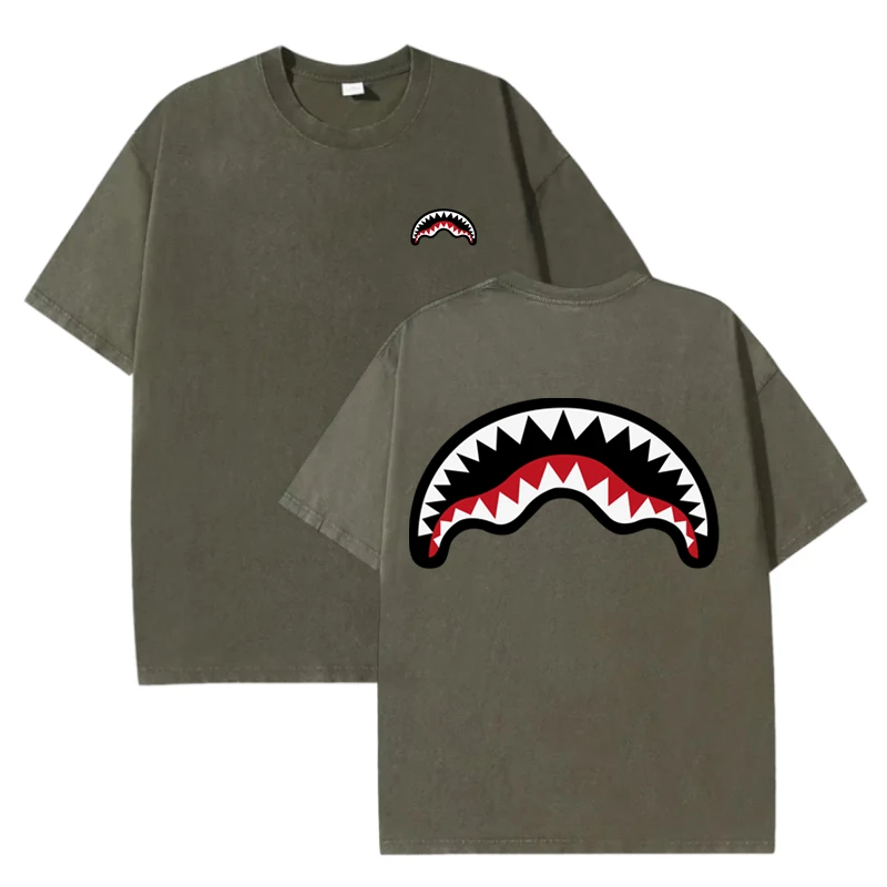 Unisex 100% Cotton Washed Distressed T-shirt Drop Shoulder Style Fashion Streetwear Trend Brand Shark Mouth