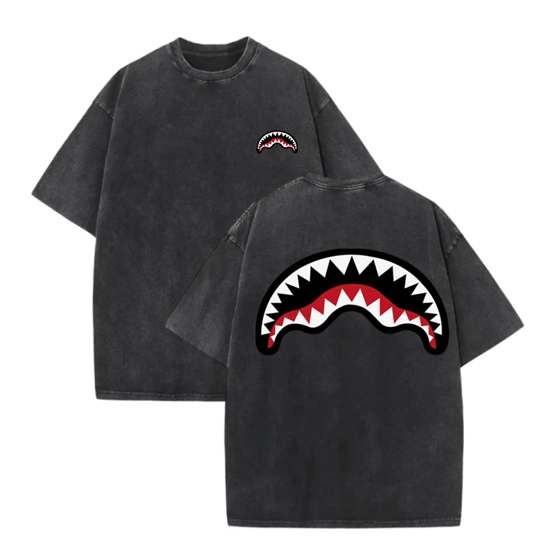 Unisex 100% Cotton Washed Distressed T-shirt Drop Shoulder Style Fashion Streetwear Trend Brand Shark Mouth