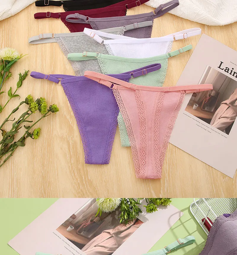 FINETOO 5PCS/Set Sexy G-string Panties Cotton Women's Underwear  Adjustable Waist Girl Female Pantys Bikini Lady Thongs Lingerie