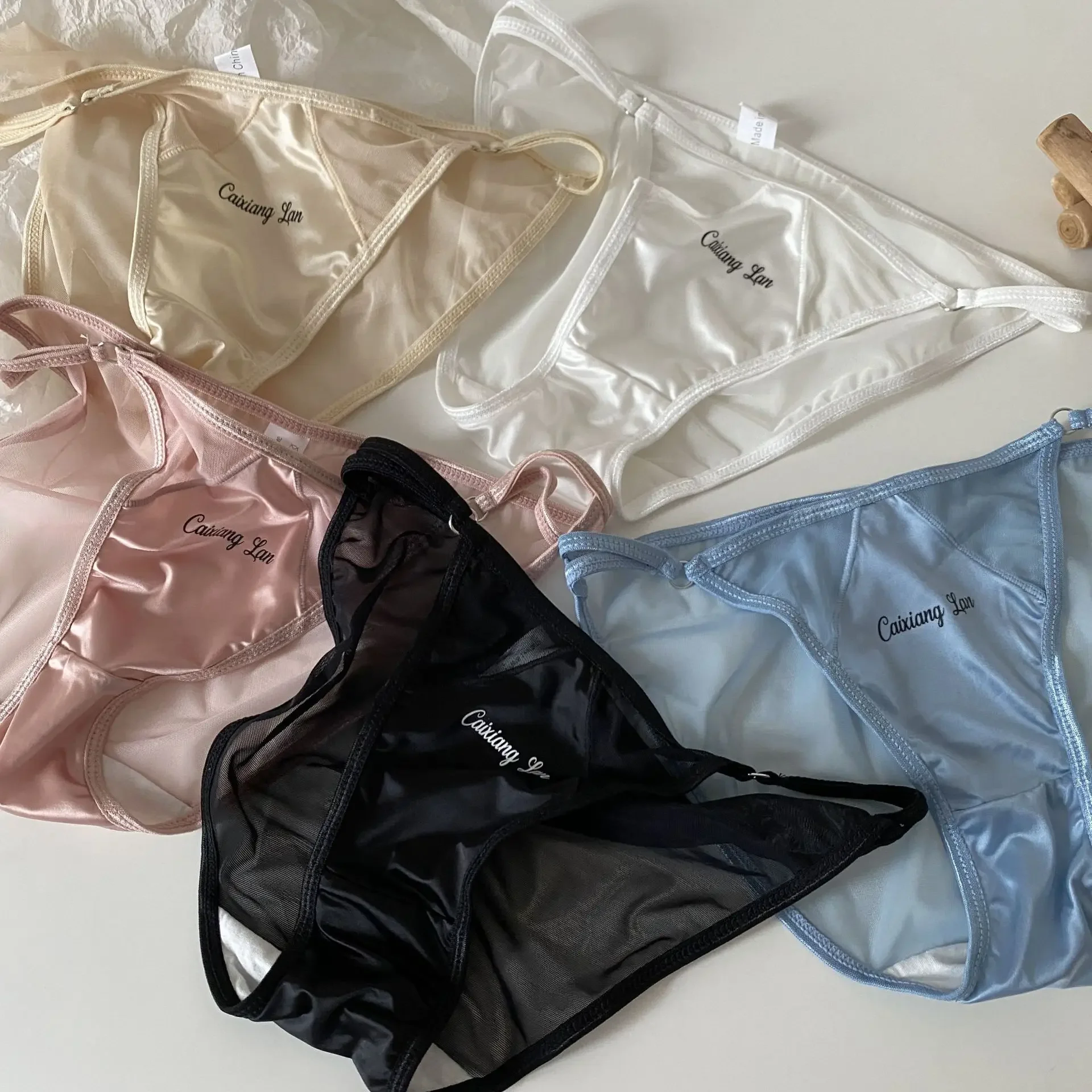 Women Sexy Panties Thin Strap Split Silk Underpants Satin Breathable Thongs Briefs Seamless Desire Underwear Low Waist Lingerie