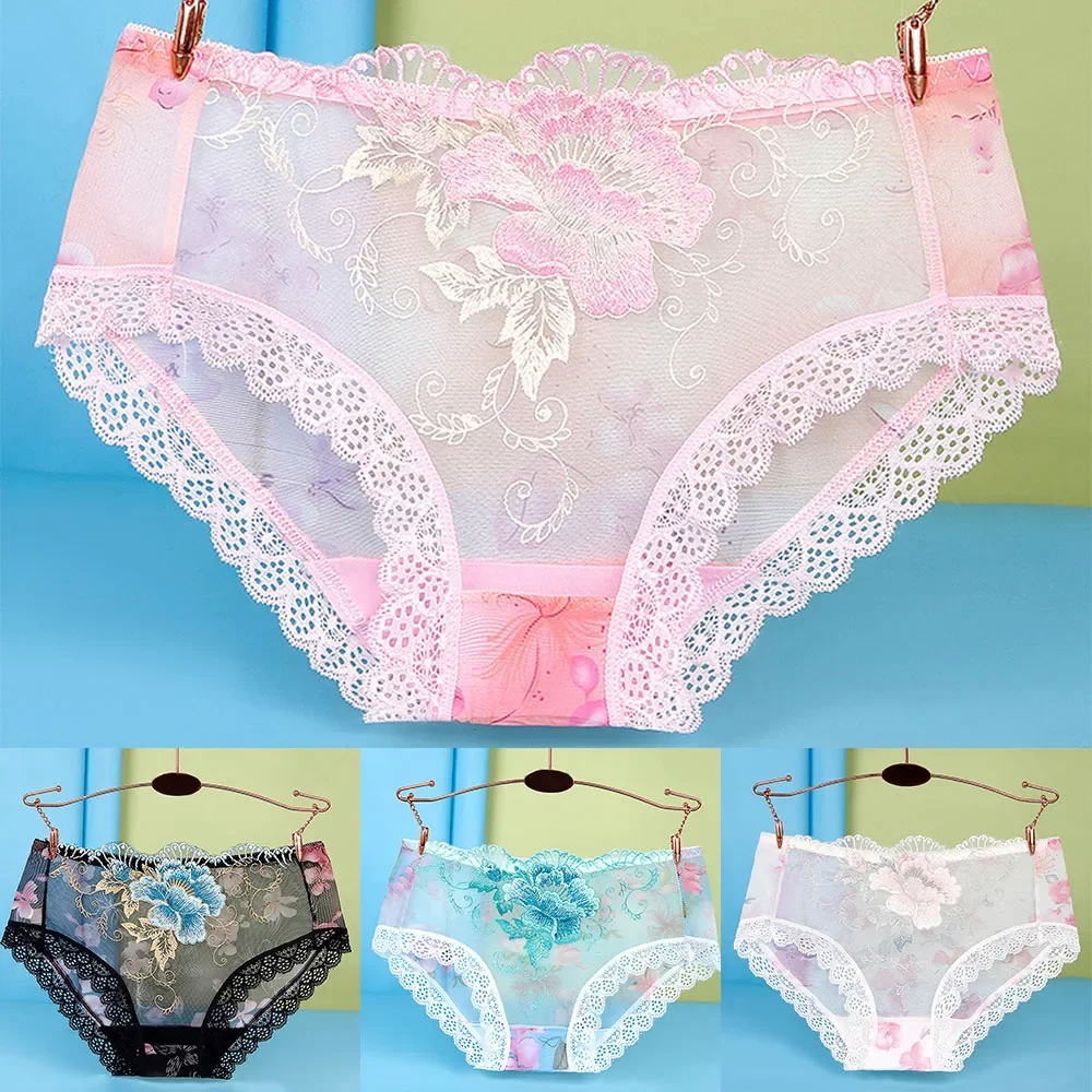 Women Sexy Lace Embroidery Panties Briefs Bragas Mujer Transparent Underwear Skin-Friendly Lingerie for Ladies Underpanties