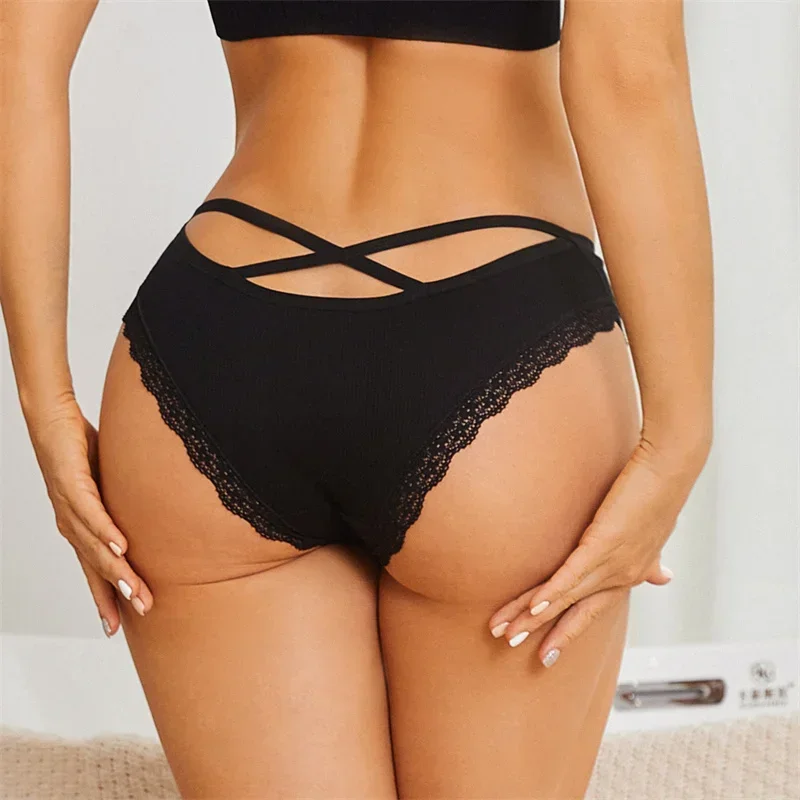 1PC Women's Cotton Briefs Sexy Lace Underpant Hollow Brazilian Panties Comfortable Underwear Lingerie S-XL Solid Color Lingerie