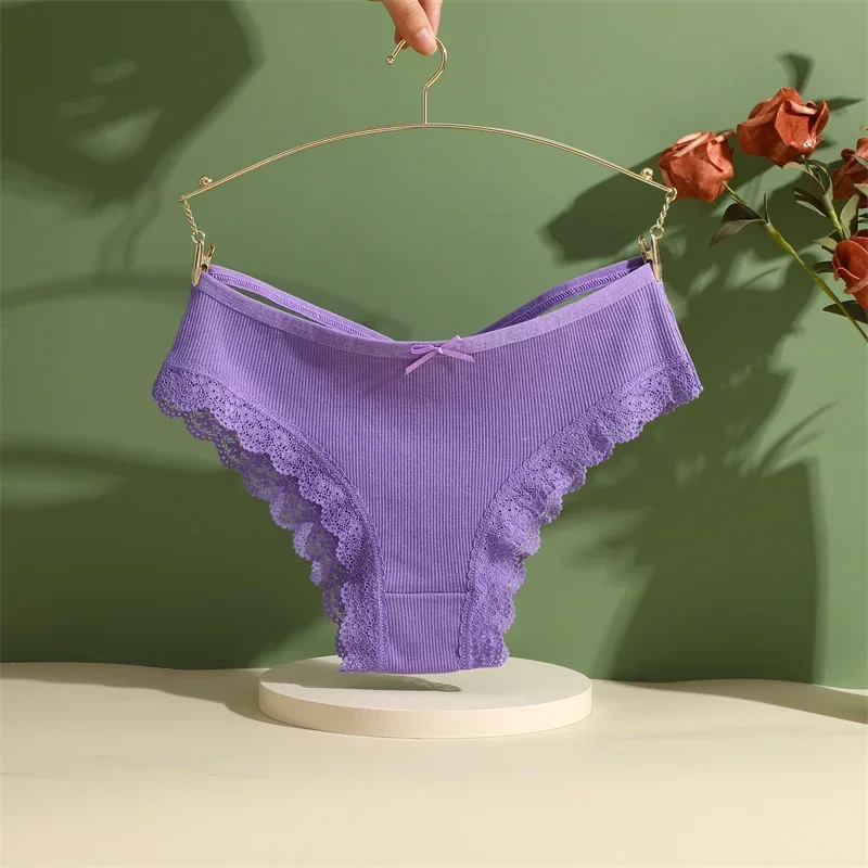 1PC Women's Cotton Briefs Sexy Lace Underpant Hollow Brazilian Panties Comfortable Underwear Lingerie S-XL Solid Color Lingerie