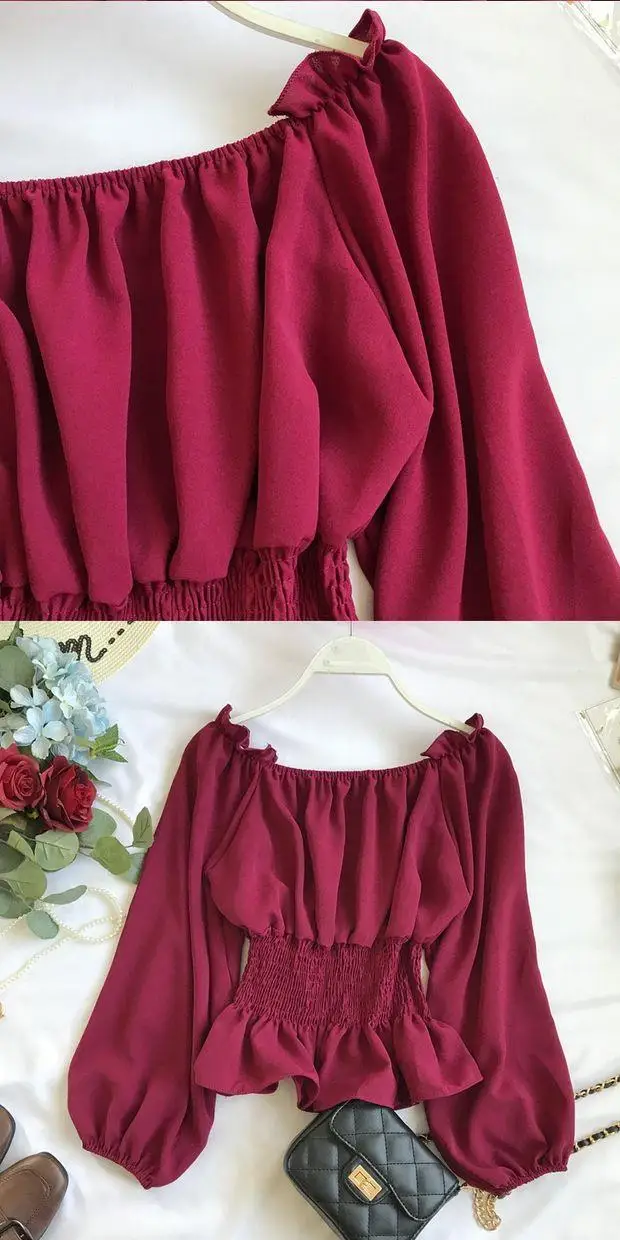 Youth Elegant Blouse Women Chiffon Fashion Blouse Off Shoulder White Shirt Ruffle Puff Sleeve Top Office wear 2022