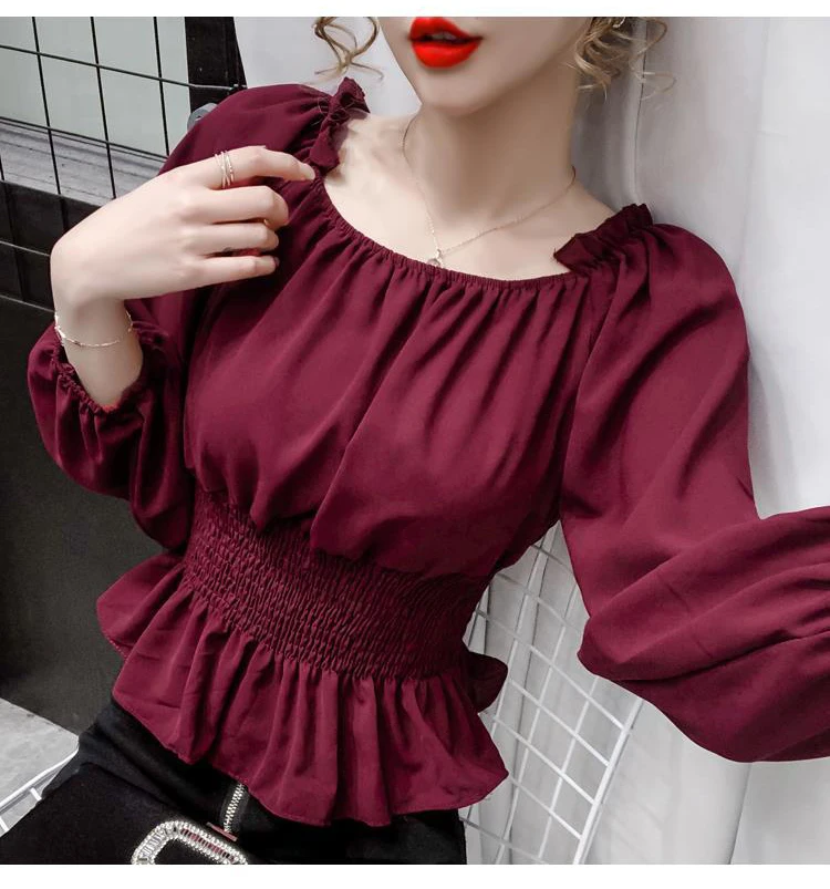 Youth Elegant Blouse Women Chiffon Fashion Blouse Off Shoulder White Shirt Ruffle Puff Sleeve Top Office wear 2022