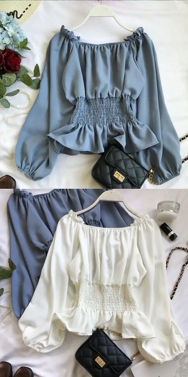 Youth Elegant Blouse Women Chiffon Fashion Blouse Off Shoulder White Shirt Ruffle Puff Sleeve Top Office wear 2022