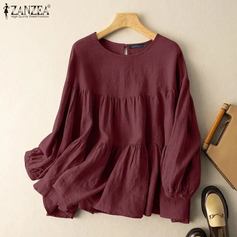 ZANZEA Autumn Vintage Long Sleeve Shirt Woman Casual Cotton Blouse Female O-Neck Solid Blusas Stylish Button Cuffs Chemise 2023