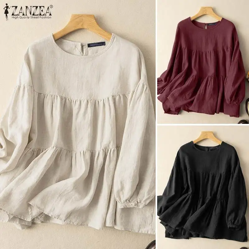 ZANZEA Autumn Vintage Long Sleeve Shirt Woman Casual Cotton Blouse Female O-Neck Solid Blusas Stylish Button Cuffs Chemise 2023