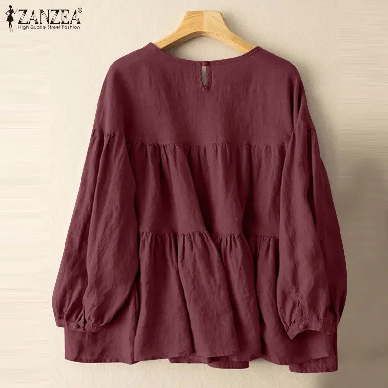 ZANZEA Autumn Vintage Long Sleeve Shirt Woman Casual Cotton Blouse Female O-Neck Solid Blusas Stylish Button Cuffs Chemise 2023