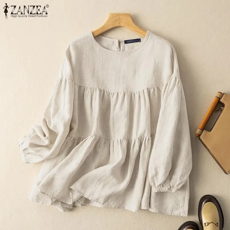 ZANZEA Autumn Vintage Long Sleeve Shirt Woman Casual Cotton Blouse Female O-Neck Solid Blusas Stylish Button Cuffs Chemise 2023