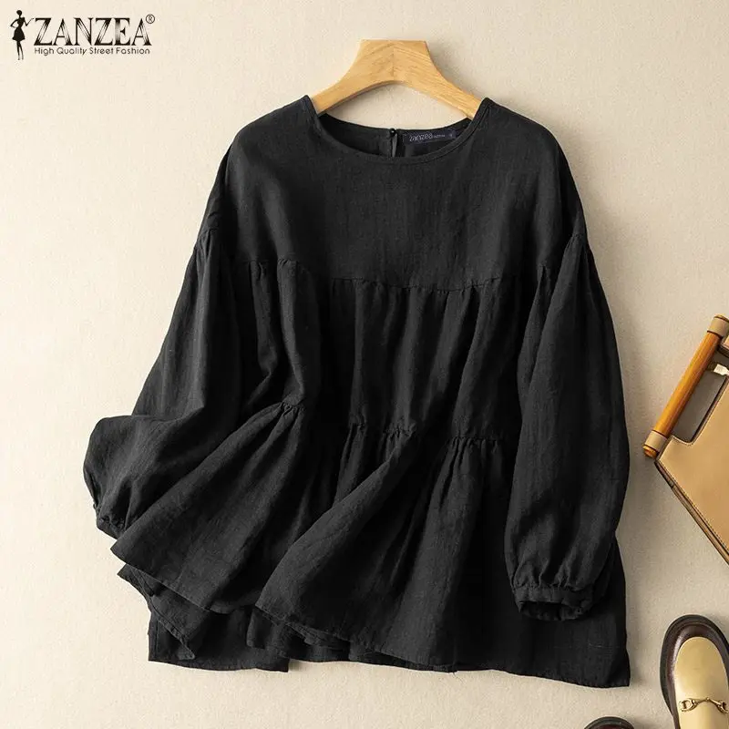ZANZEA Autumn Vintage Long Sleeve Shirt Woman Casual Cotton Blouse Female O-Neck Solid Blusas Stylish Button Cuffs Chemise 2023