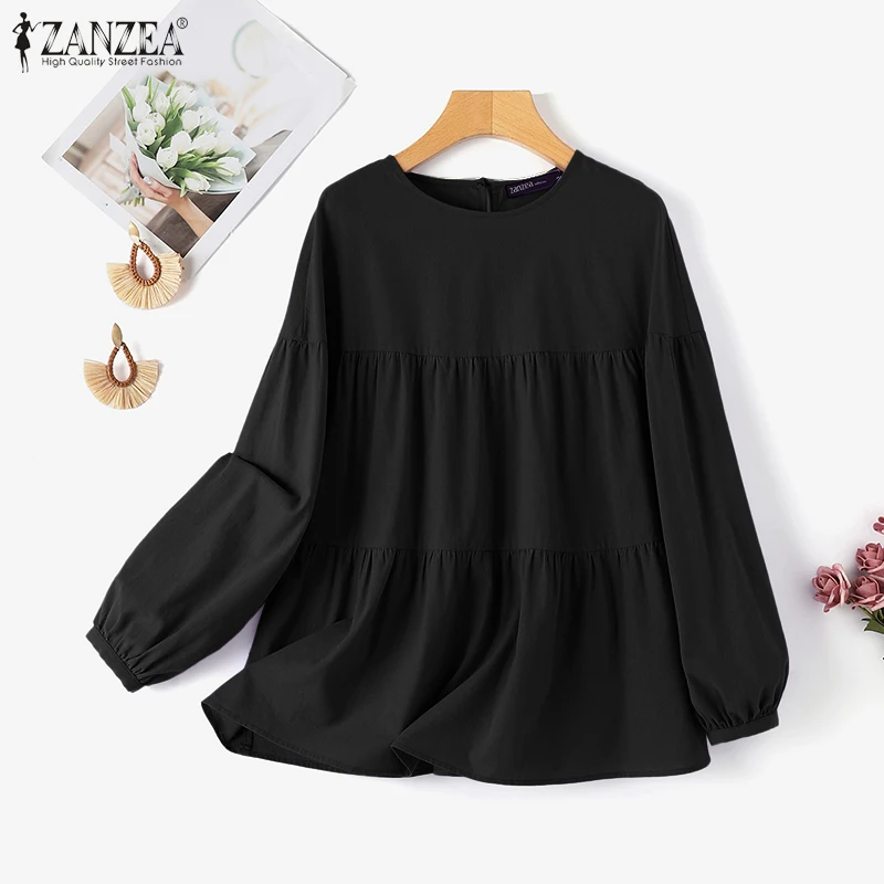 ZANZEA Autumn Vintage Long Sleeve Shirt Woman Casual Cotton Blouse Female O-Neck Solid Blusas Stylish Button Cuffs Chemise 2023