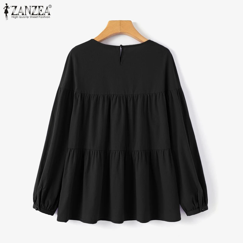ZANZEA Autumn Vintage Long Sleeve Shirt Woman Casual Cotton Blouse Female O-Neck Solid Blusas Stylish Button Cuffs Chemise 2023