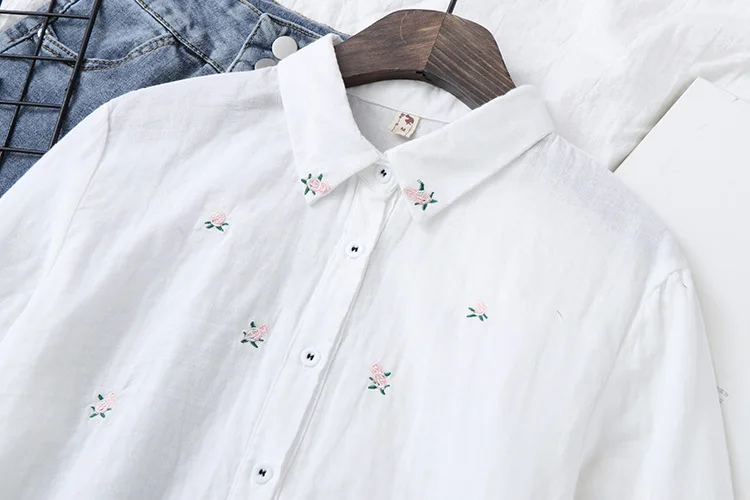 2024 Spring Autumn New Fresh Cotton Yarn Ladies Long Sleeve Shirt Flower Embroidered Women's Casual Shirt Female Blouse Clothes