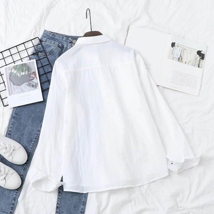 2024 Spring Autumn New Fresh Cotton Yarn Ladies Long Sleeve Shirt Flower Embroidered Women's Casual Shirt Female Blouse Clothes