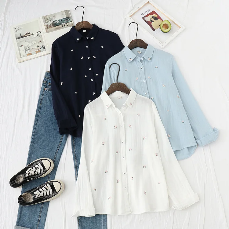 2024 Spring Autumn New Fresh Cotton Yarn Ladies Long Sleeve Shirt Flower Embroidered Women's Casual Shirt Female Blouse Clothes