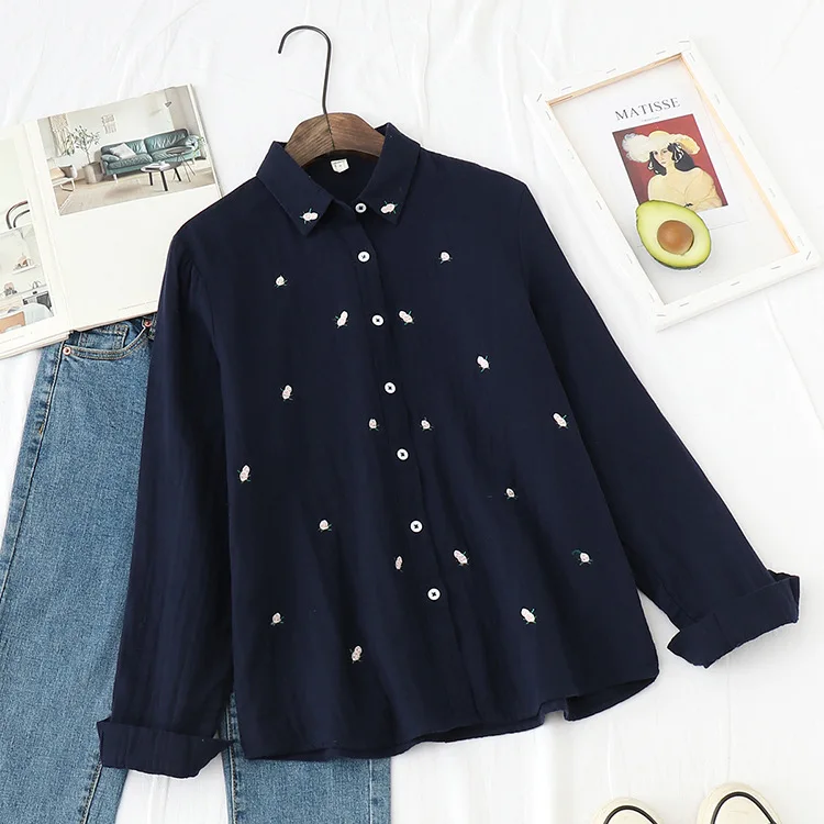 2024 Spring Autumn New Fresh Cotton Yarn Ladies Long Sleeve Shirt Flower Embroidered Women's Casual Shirt Female Blouse Clothes