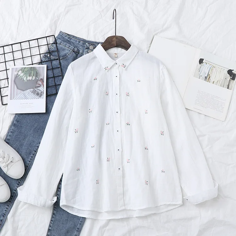 2024 Spring Autumn New Fresh Cotton Yarn Ladies Long Sleeve Shirt Flower Embroidered Women's Casual Shirt Female Blouse Clothes