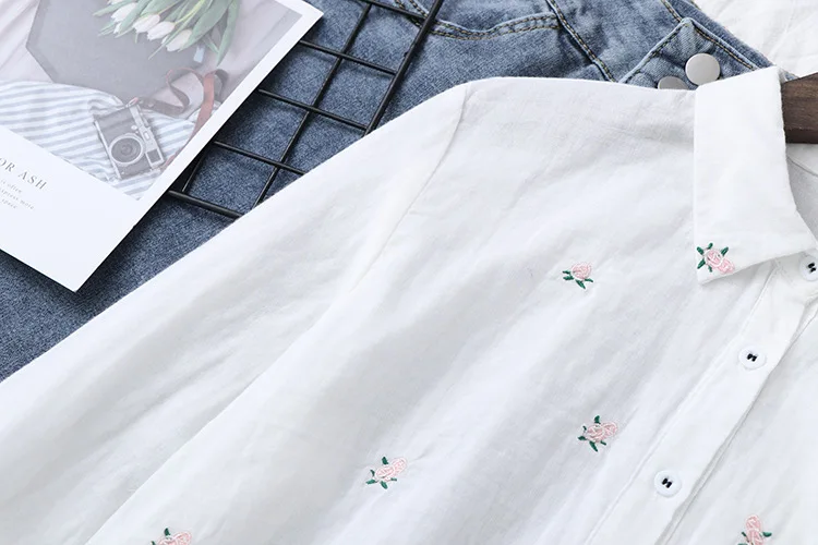 2024 Spring Autumn New Fresh Cotton Yarn Ladies Long Sleeve Shirt Flower Embroidered Women's Casual Shirt Female Blouse Clothes