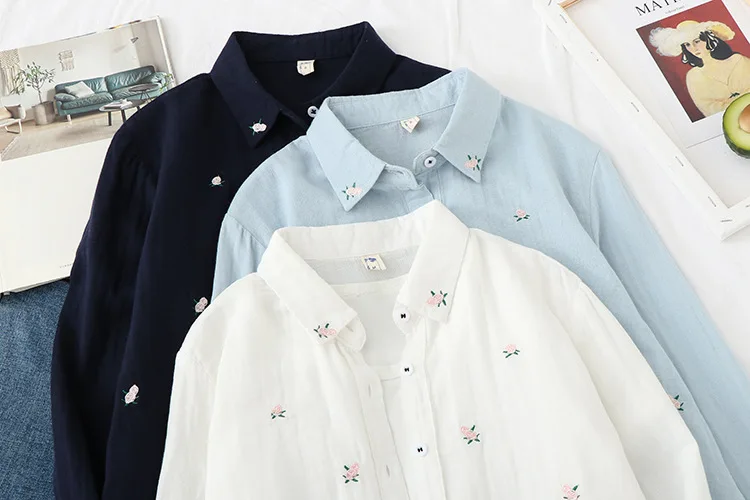 2024 Spring Autumn New Fresh Cotton Yarn Ladies Long Sleeve Shirt Flower Embroidered Women's Casual Shirt Female Blouse Clothes