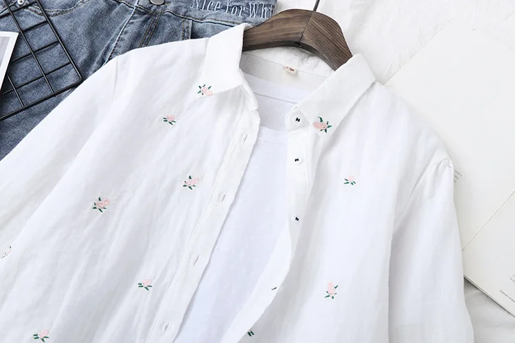 2024 Spring Autumn New Fresh Cotton Yarn Ladies Long Sleeve Shirt Flower Embroidered Women's Casual Shirt Female Blouse Clothes