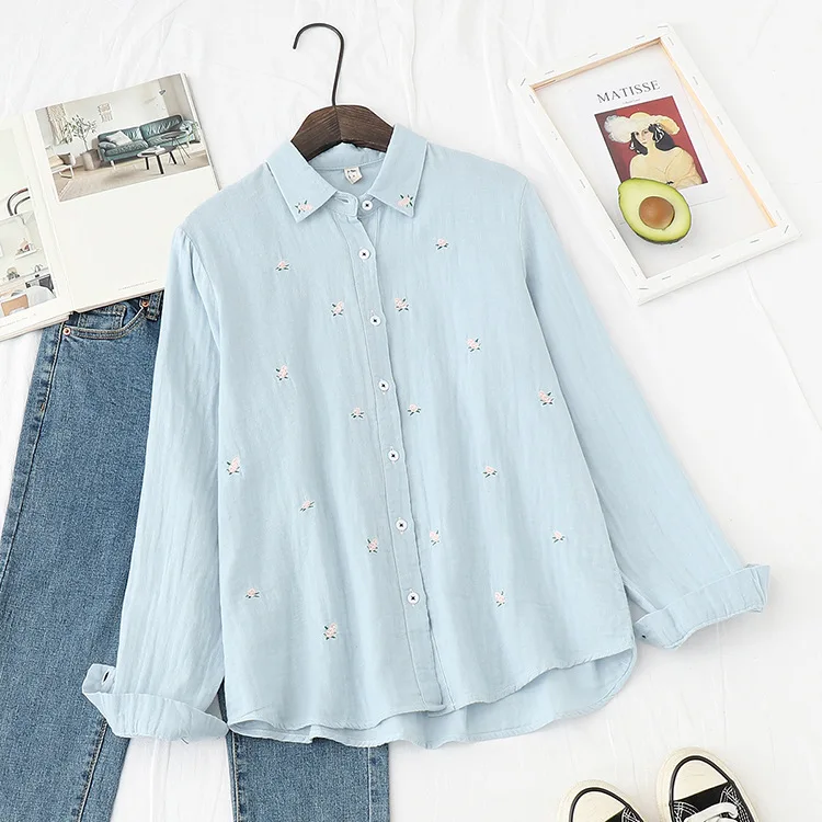 2024 Spring Autumn New Fresh Cotton Yarn Ladies Long Sleeve Shirt Flower Embroidered Women's Casual Shirt Female Blouse Clothes